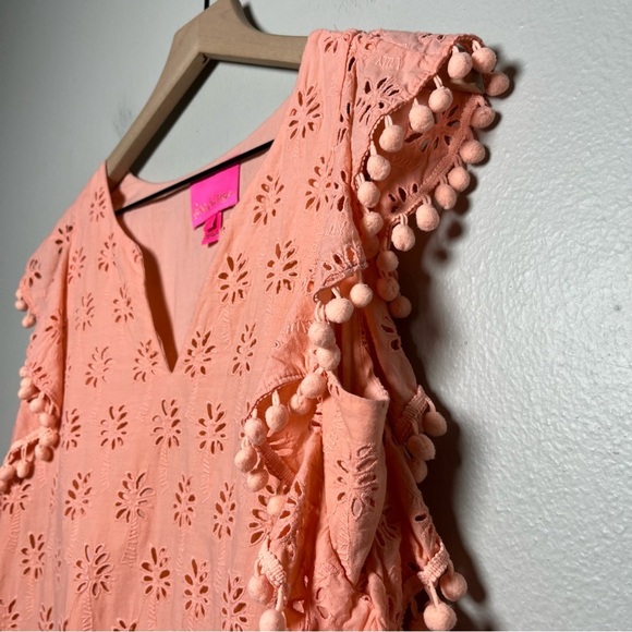Lilly Pulitzer Women Dress Small Pink Eyelet Tassel Astara Peach Flamingo Palm - Picture 7 of 10